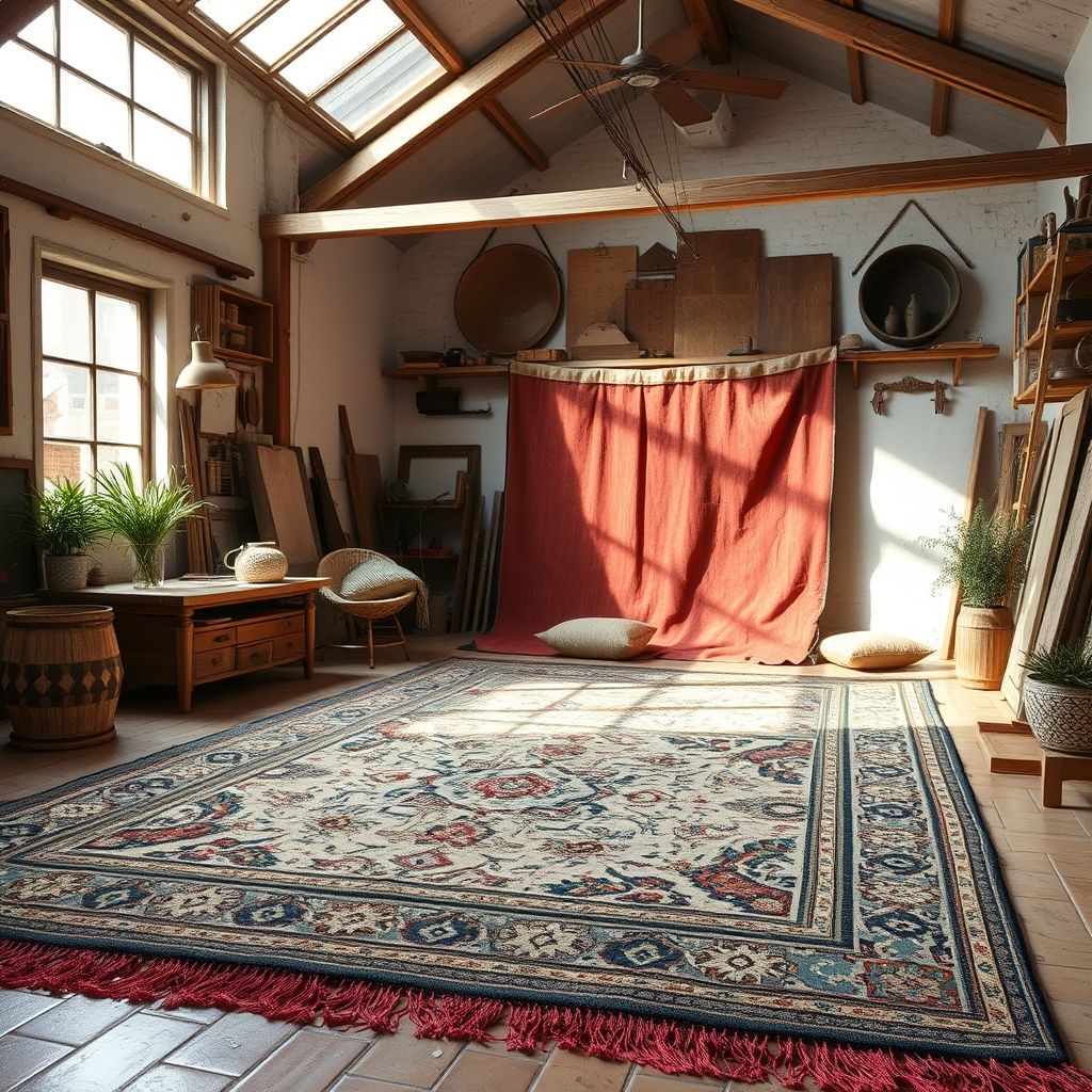 Un tapis artisanal richement décoré posé dans un atelier lumineux, mettant en valeur le travail minutieux des artisans.