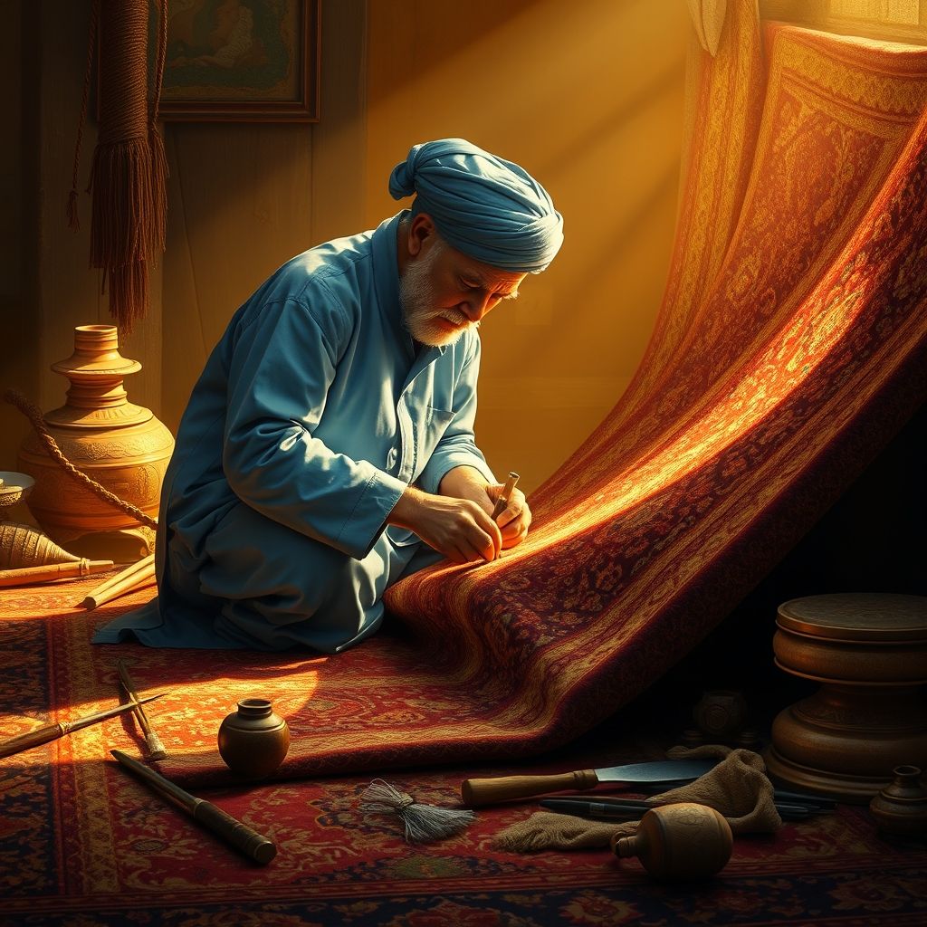 Un artisan en tenue bleue travaille avec précision sur un tapis aux motifs raffinés, illustrant le soin et l'expertise Merdanfalk.