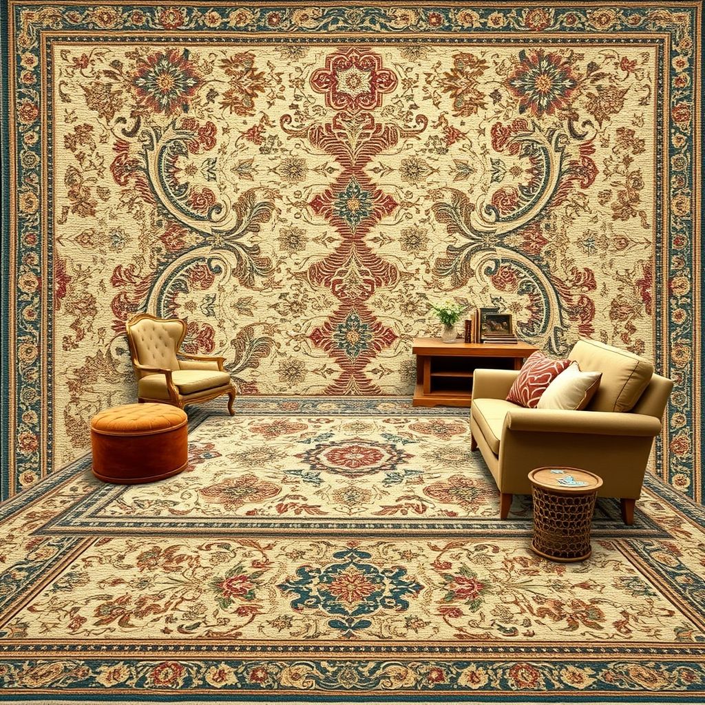 Gros plan montrant la texture d'un tapis en laine aux motifs riches, illustrant qualité et confort.