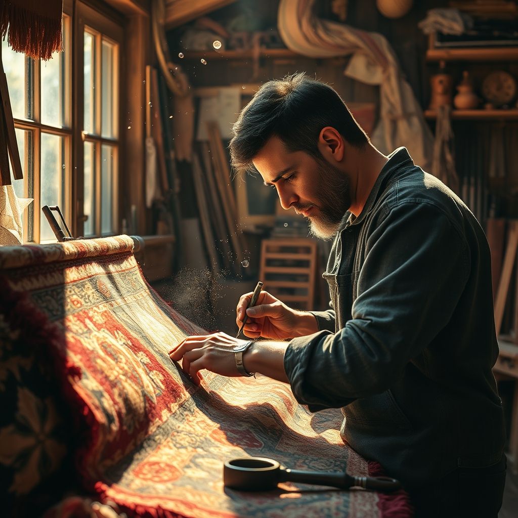 Un artisan restaure minutieusement un tapis ancien, redonnant vie aux couleurs et fibres.