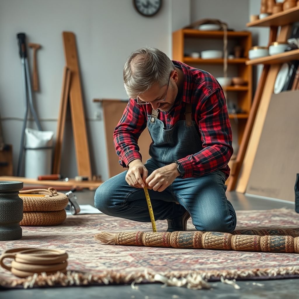 Un artisan mesure minutieusement un tapis personnalisé dans un atelier équipé, symbolisant le sur-mesure et la précision.