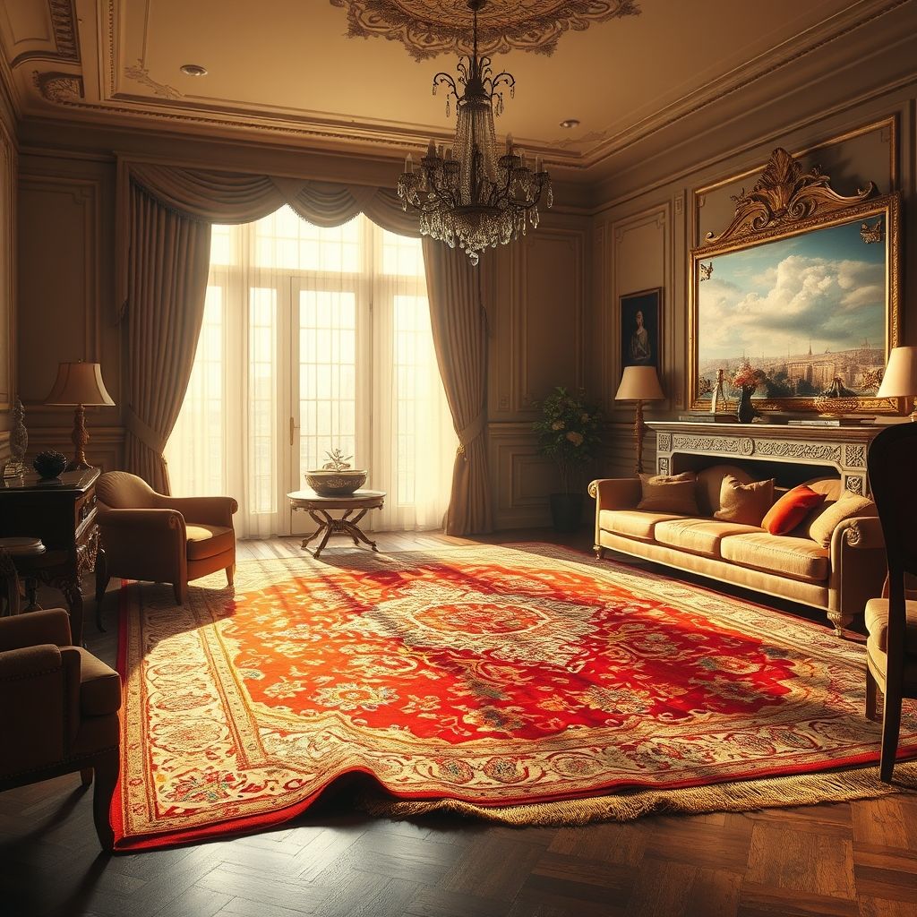 Un tapis en soie luxueux exposé dans un intérieur raffiné, mettant en valeur son éclat et finesse.