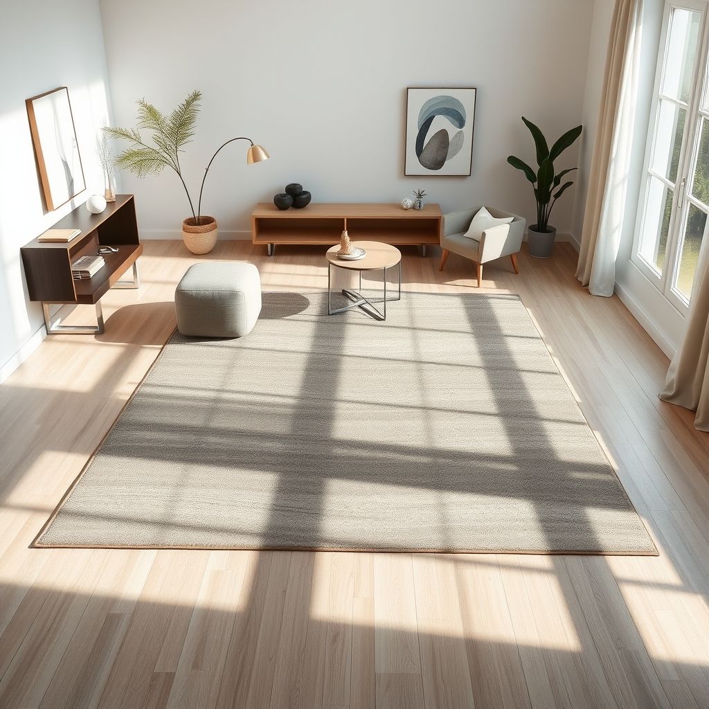 Un tapis moderne aux lignes épurées et couleurs sobres, installé dans un intérieur design et lumineux.