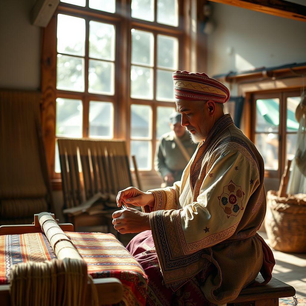 Un artisan concentré, dans un atelier lumineux, travaille avec minutie sur un tapis, soulignant l'engagement pour l'excellence de la marque.