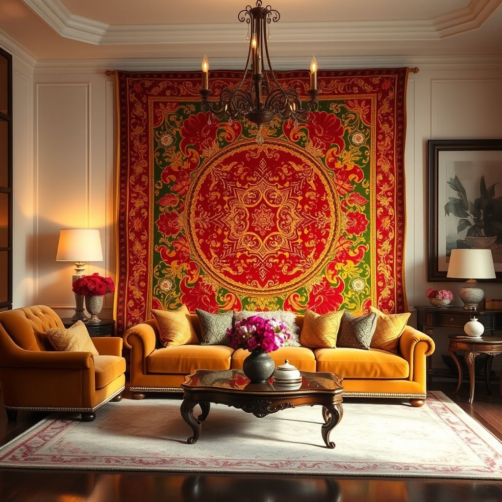 Un tapis classique aux motifs traditionnels richement colorés est exposé dans un salon élégant, illustrant le savoir-faire artisanal.