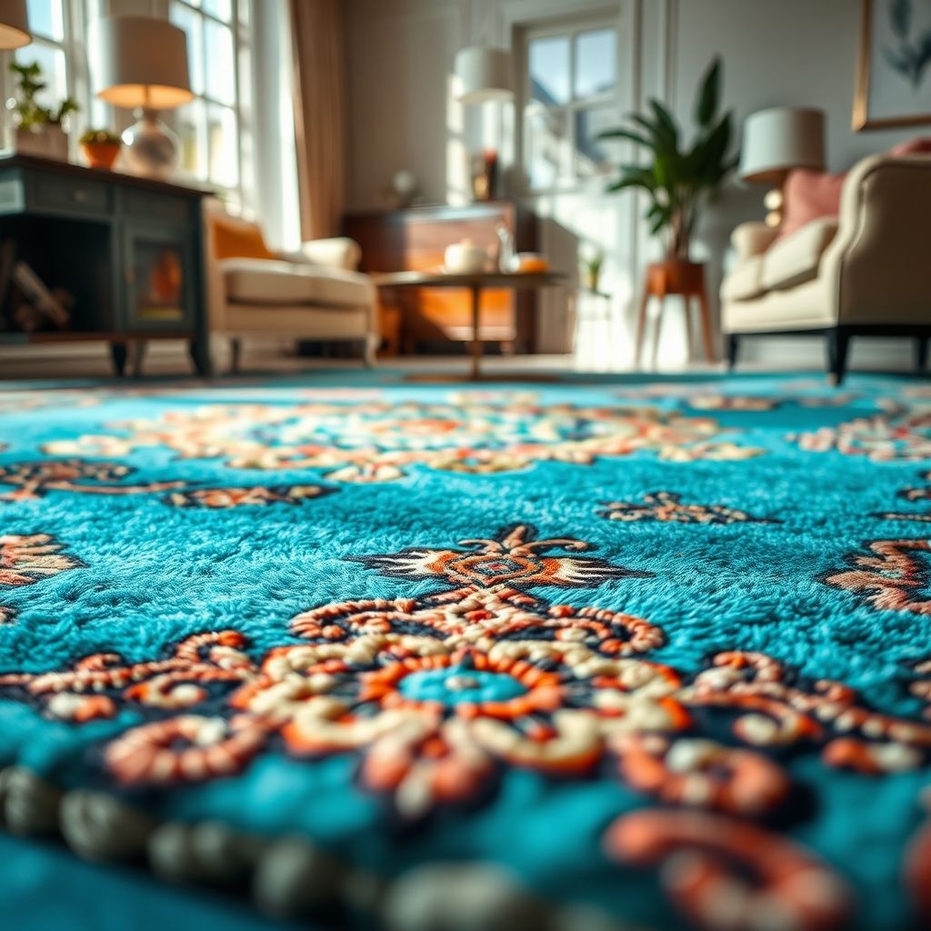 Gros plan sur un tapis artisanal turquoise aux motifs complexes, mis en valeur dans un intérieur élégant, reflétant le savoir-faire et la qualité de nos créations.
